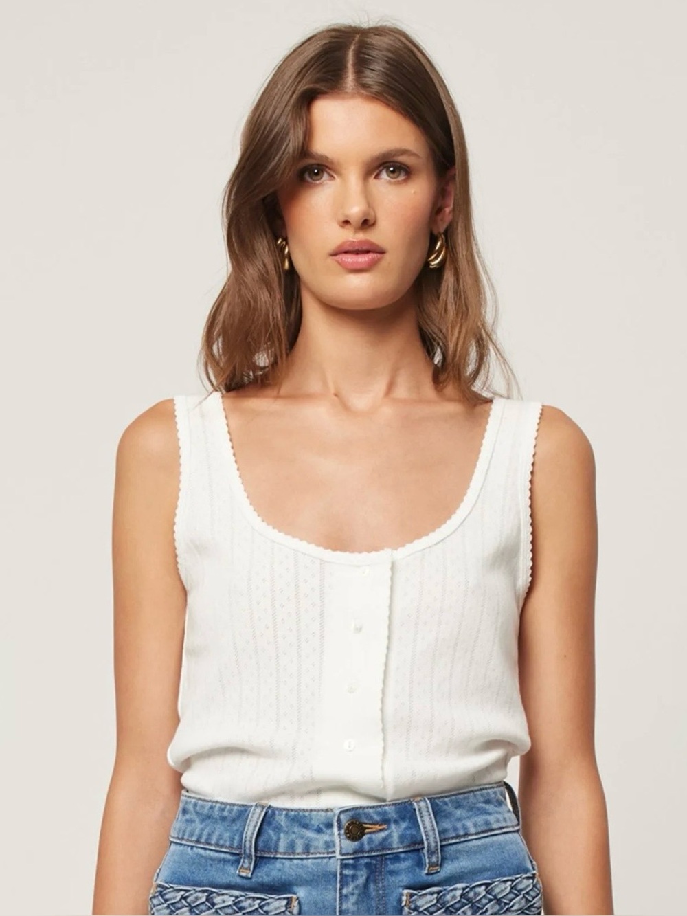 ROLLA'S Paloma Pointelle Button Front White Knit Scoop Tank Top 100% Cotton